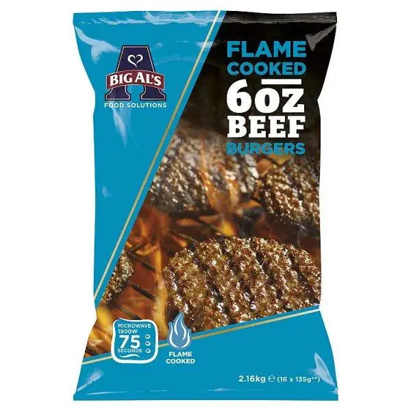 Big Als Flame Cooked 6oz Beef Burgers 16 x 135g (2.16kg)  Adomoo