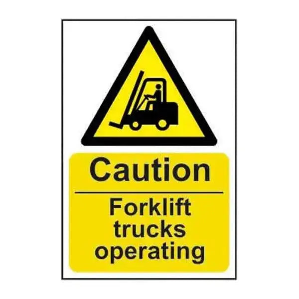 Caution Fork Lift Trucks Operating, 1.2mm Recyclable Polypropylene, W400mm x H600mm  Adomoo