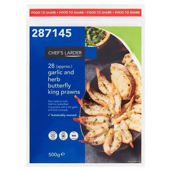 Chefs Larder 28 (approx.) Garlic and Herb Butterfly King Prawns 500g  Adomoo