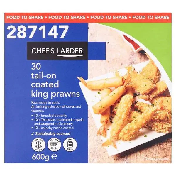 Chefs Larder 30 Tail-On Coated King Prawns 600g  Adomoo