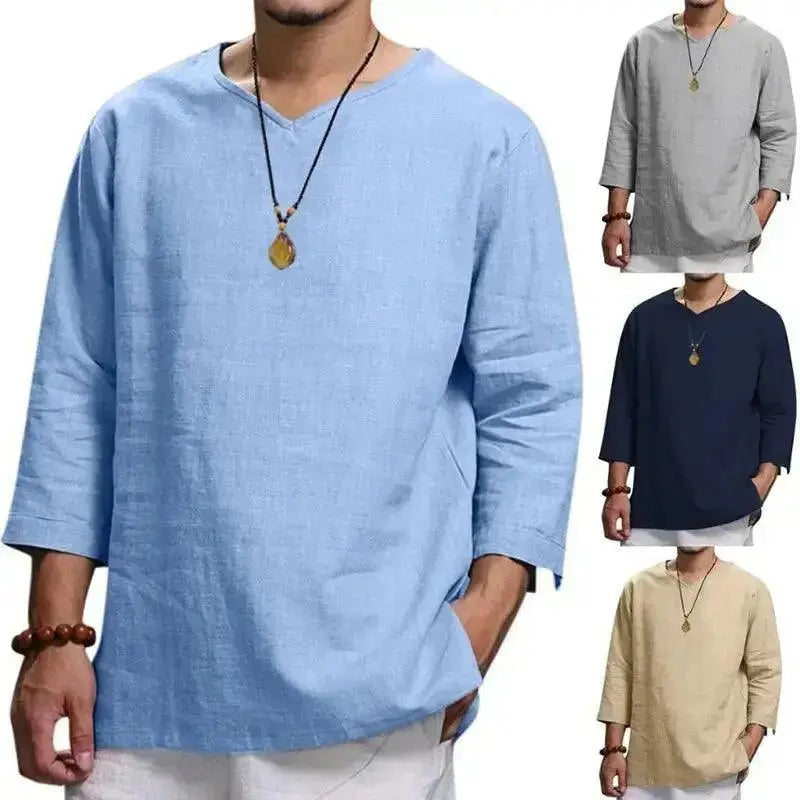 Men's V-Neck T-Shirt - Men's Cotton Linin Breathable Solid Colour Light Blue V-Neck T-Shirt Adomoo