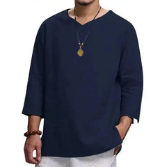 Men's V-Neck T-Shirt - Men's Cotton Linin Breathable Solid Colour Light Blue V-Neck T-Shirt Adomoo