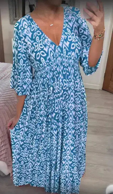 New Plus Size Super Fairy V-neck Floral Dress For Beach Vacation, Loose Long Skirt  Adomoo