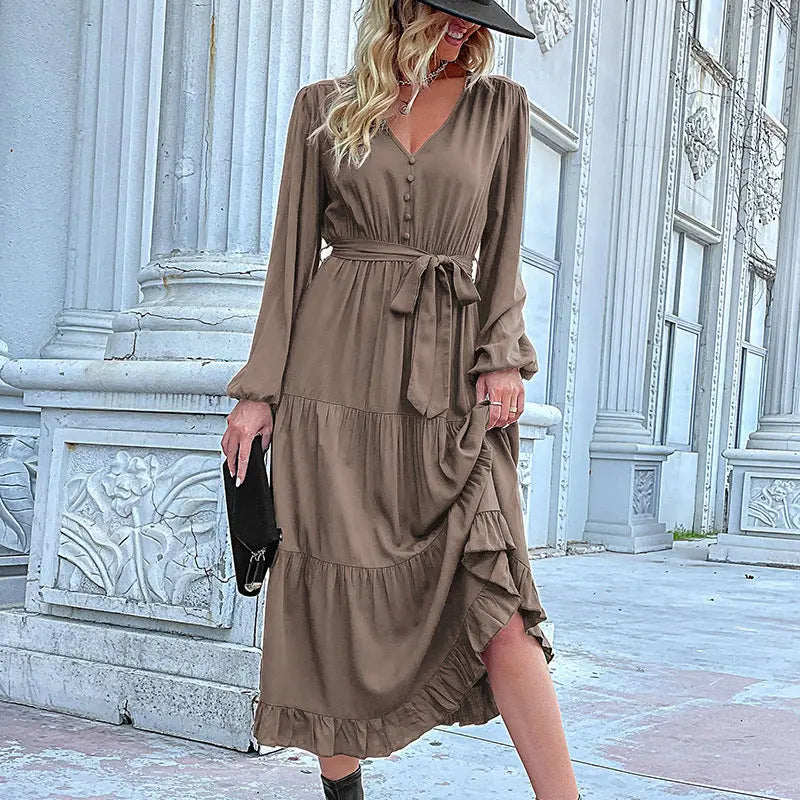Casual Long Sleeve Solid Color Dress Draping Effect  Adomoo