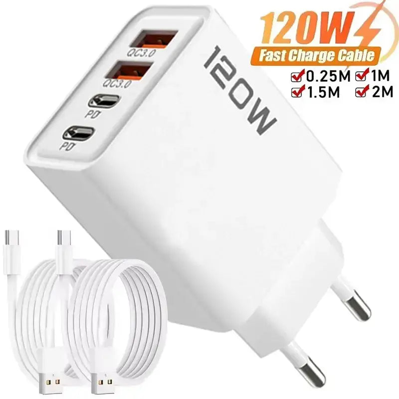 120W 4 Port USB Type C Charger Fast Charging Data Cable USB Phone Charger Adapter for Samsung IPhone Xiaomi Huawei Wall Charger  Adomoo