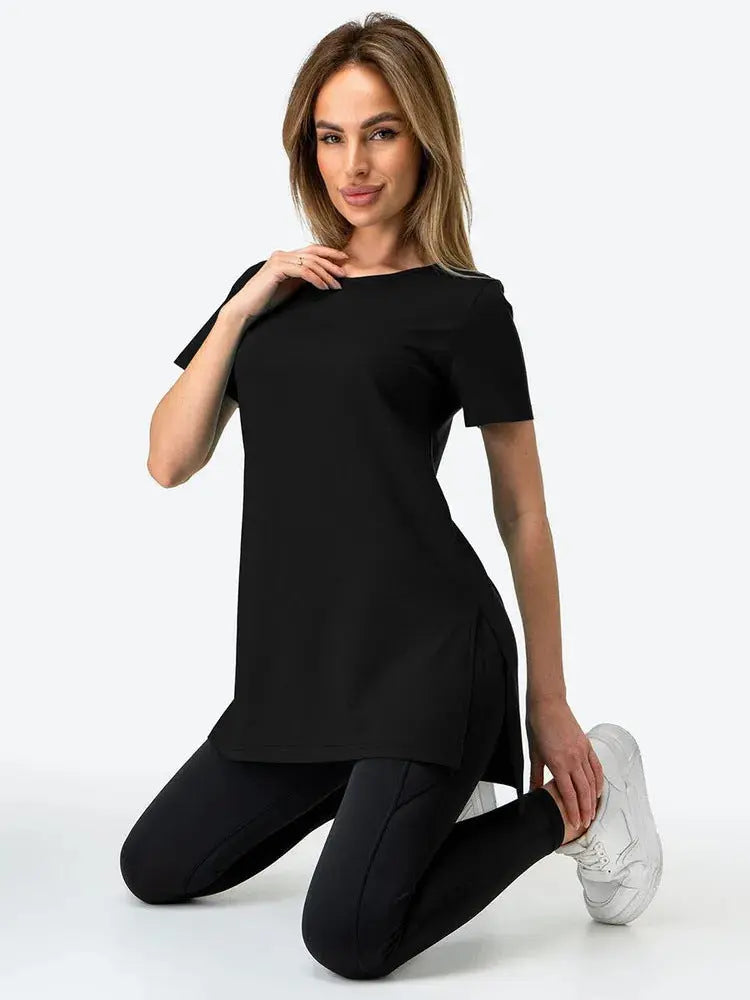 Slit Loose Round Neck Short Sleeve Sweater  Adomoo