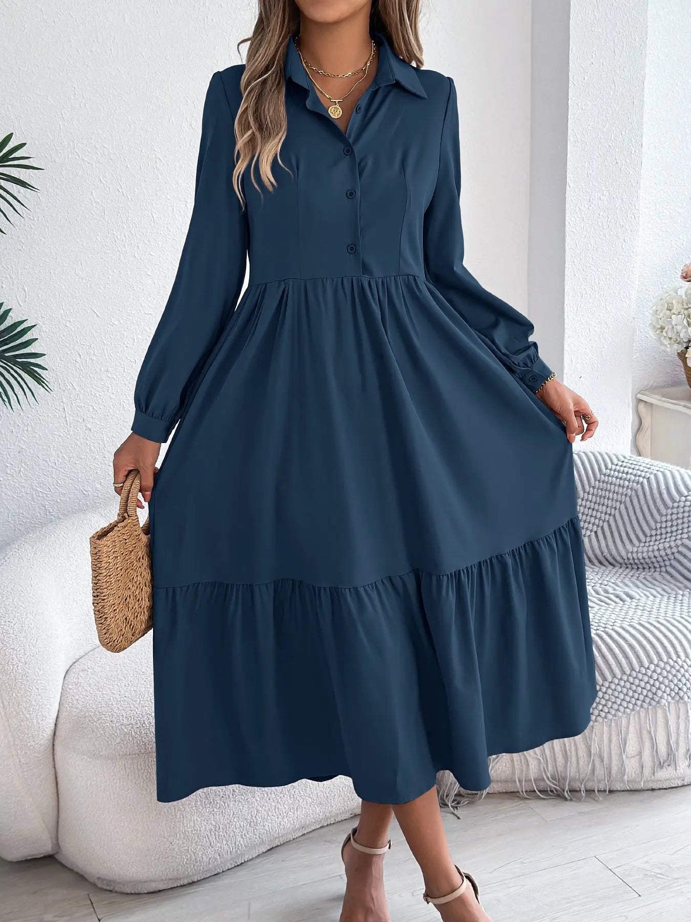 Lapel Casual Loose Long Sleeve Ruffled Shirt Dress  Adomoo