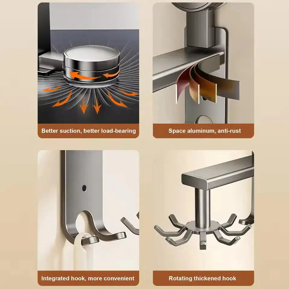 360° Swivel Wall Hangers Kitchen 10 Piece Hooks Rack No-Punching Kitchen Utensils Shovel Chopping Board Storage Stainless Steel  Adomoo