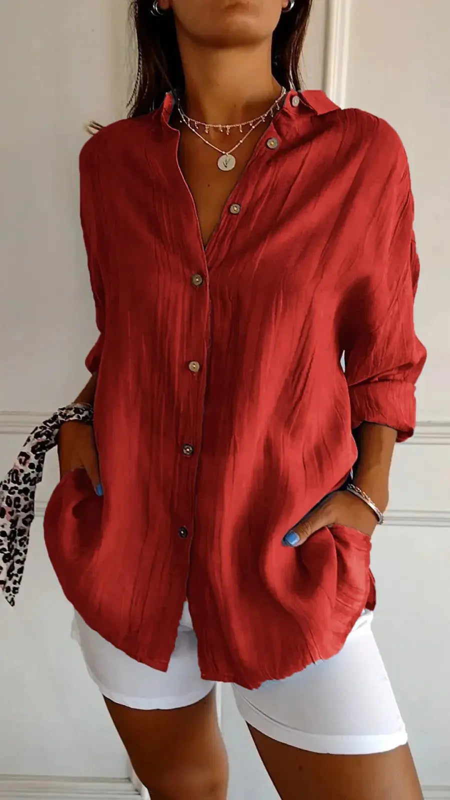 Popular Spring And Summer New Women's Loose Open Button Shirt Solid Color Top  Adomoo