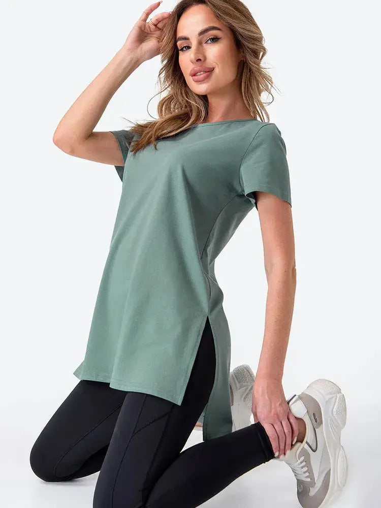 Slit Loose Round Neck Short Sleeve Sweater  Adomoo