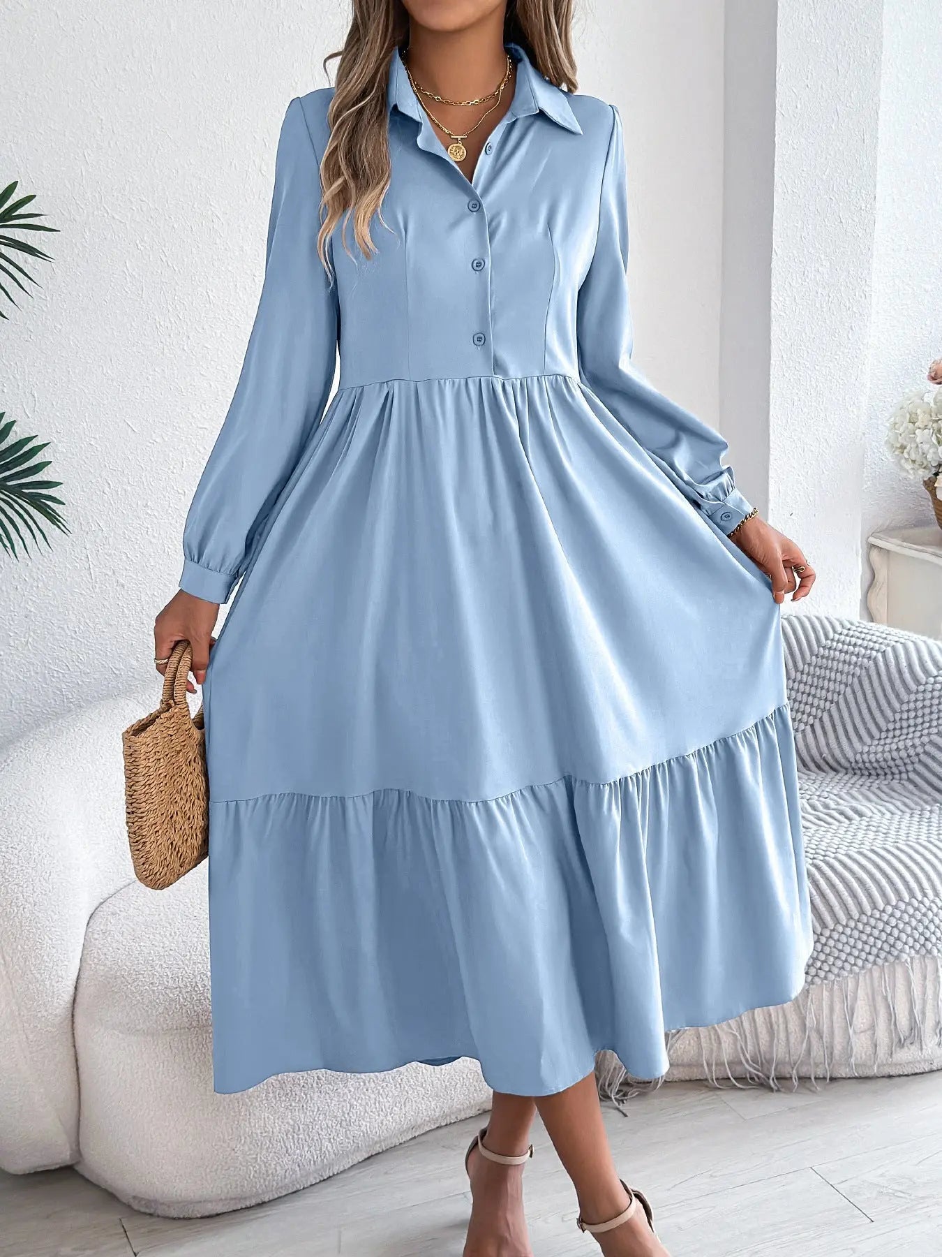 Lapel Casual Loose Long Sleeve Ruffled Shirt Dress  Adomoo