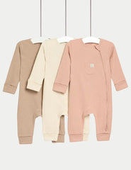 3pk Pure Cotton Waffle Zip Sleepsuits (6½lbs-3 Yrs)  Adomoo