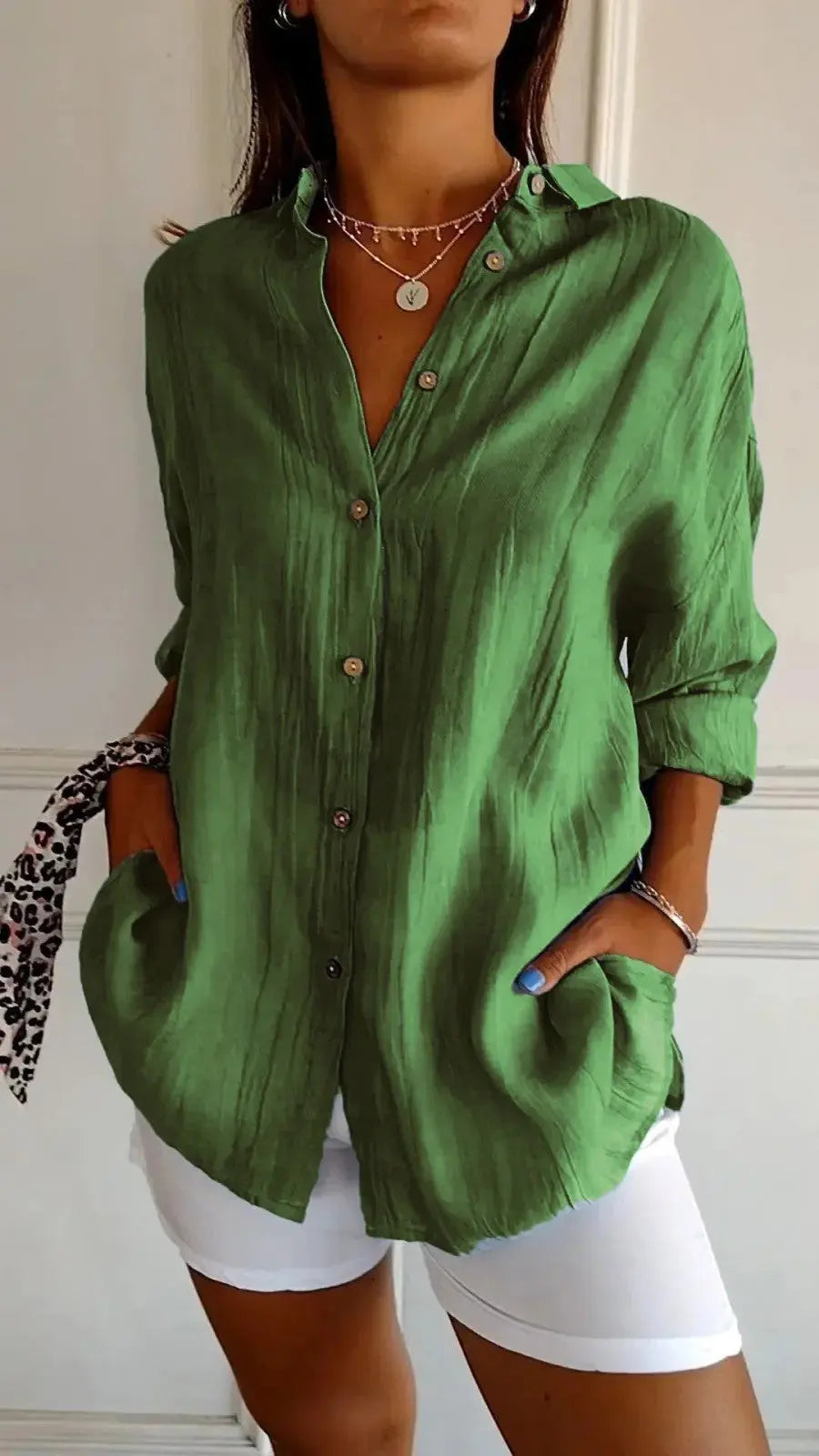 Popular Spring And Summer New Women's Loose Open Button Shirt Solid Color Top  Adomoo
