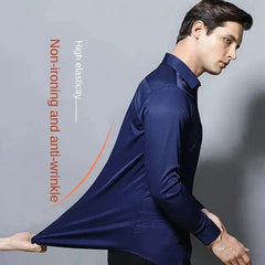 Men's long-sleeved, non-iron, elastic dress shirt for professional work attire. Stand-up collar (55-105kg)  Adomoo