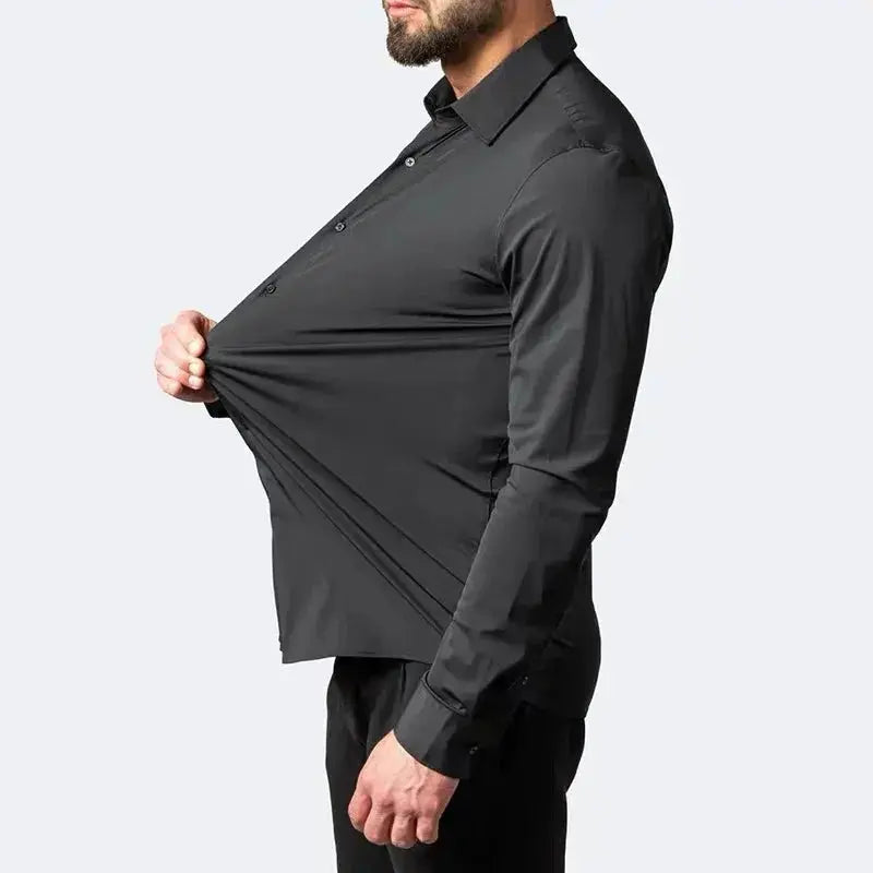 Men's long-sleeved, non-iron, elastic dress shirt for professional work attire. Stand-up collar (55-105kg)  Adomoo