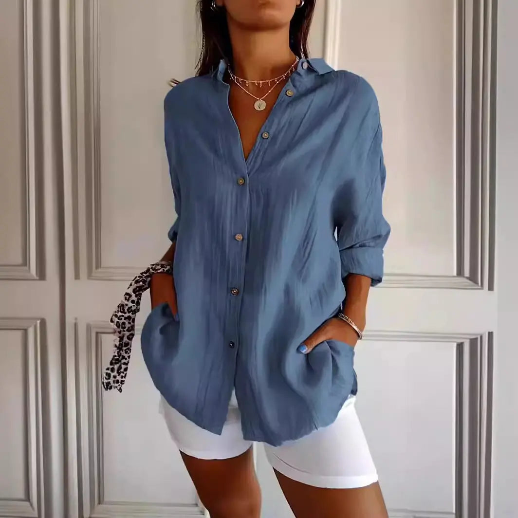 Popular Spring And Summer New Women's Loose Open Button Shirt Solid Color Top  Adomoo