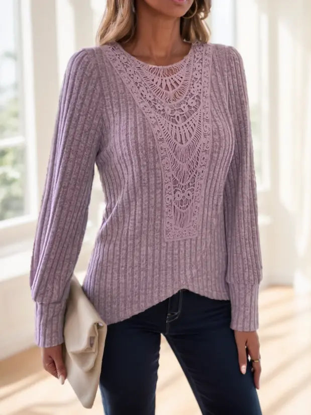 Lace Splicing Crew Neck T-shirt  Adomoo