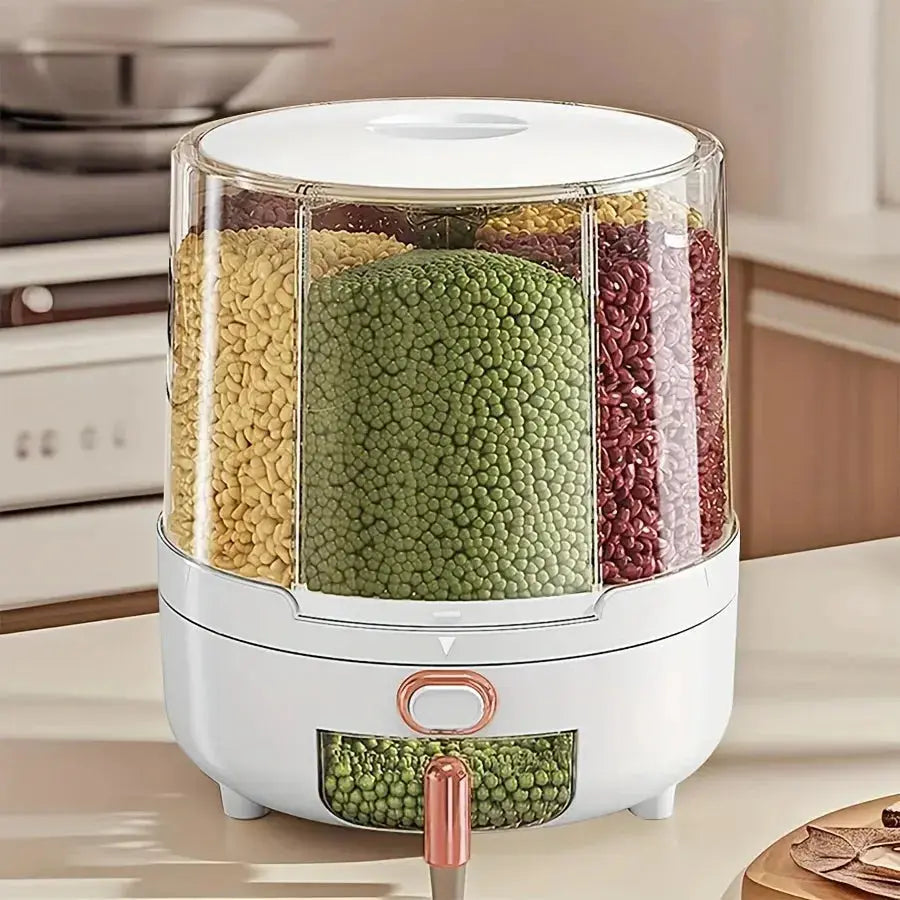 6-Compartment 360° Rotating Airtight Food Storage Container - Moisture-Proof for Cereal, Candy, Rice - Kitchen Pantry Organizer  Adomoo
