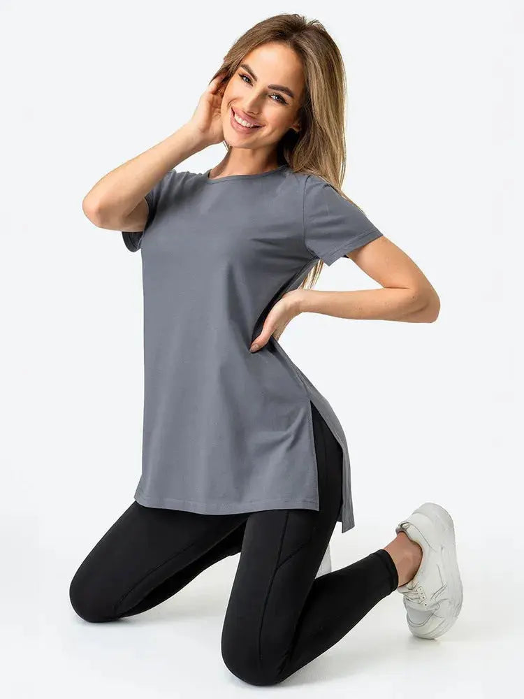 Slit Loose Round Neck Short Sleeve Sweater  Adomoo