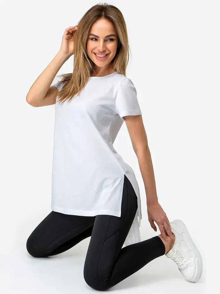 Slit Loose Round Neck Short Sleeve Sweater  Adomoo