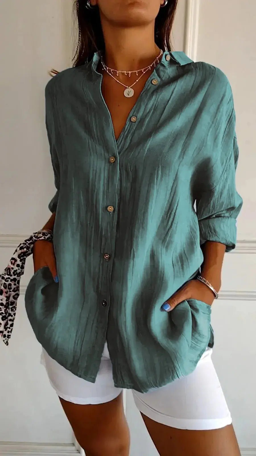 Popular Spring And Summer New Women's Loose Open Button Shirt Solid Color Top  Adomoo