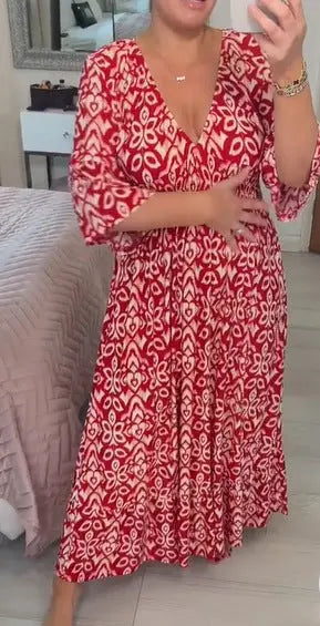 New Plus Size Super Fairy V-neck Floral Dress For Beach Vacation, Loose Long Skirt  Adomoo