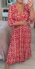 New Plus Size Super Fairy V-neck Floral Dress For Beach Vacation, Loose Long Skirt  Adomoo