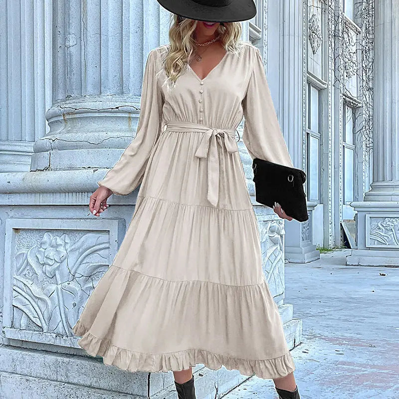 Casual Long Sleeve Solid Color Dress Draping Effect  Adomoo