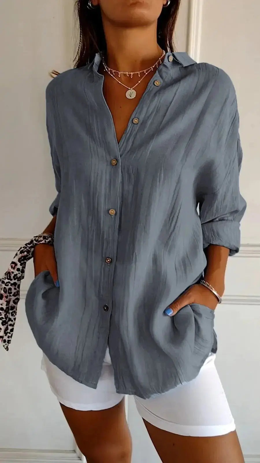 Popular Spring And Summer New Women's Loose Open Button Shirt Solid Color Top  Adomoo