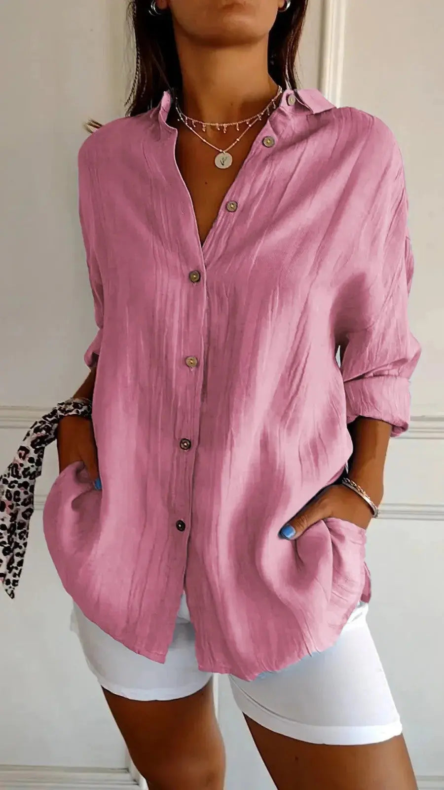 Popular Spring And Summer New Women's Loose Open Button Shirt Solid Color Top  Adomoo