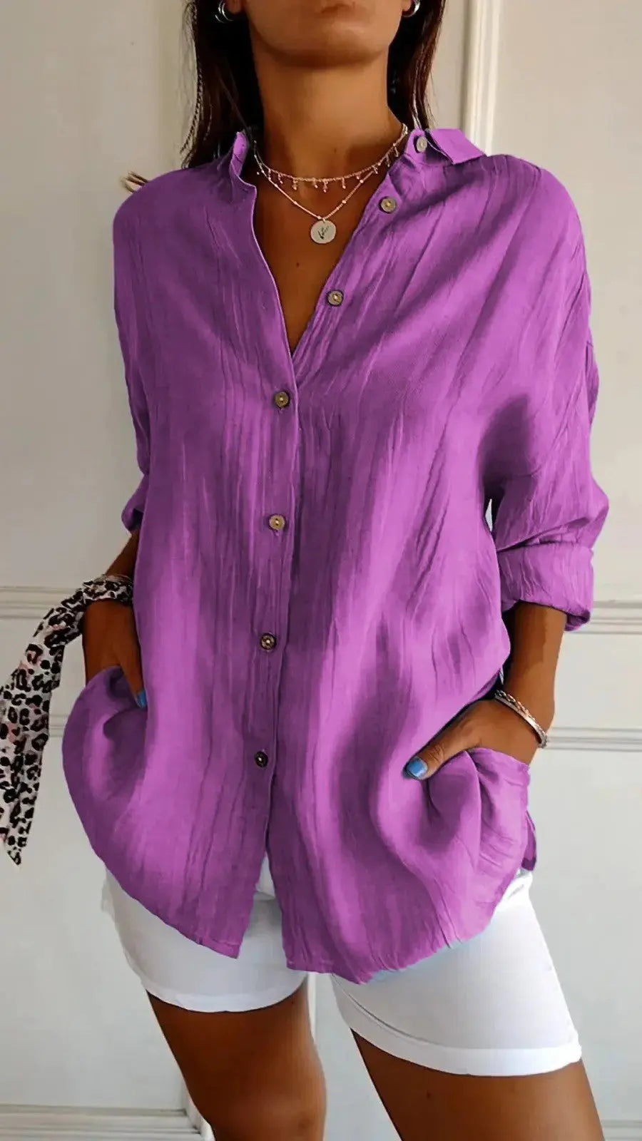 Popular Spring And Summer New Women's Loose Open Button Shirt Solid Color Top  Adomoo