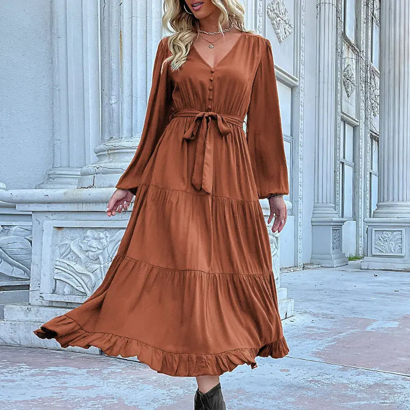 Casual Long Sleeve Solid Color Dress Draping Effect  Adomoo