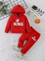 Baby Boy KING Crown Pattern Fleece Hoodie+Casual Pants Two Piece Set Spring and Autumn Sportswear  Adomoo