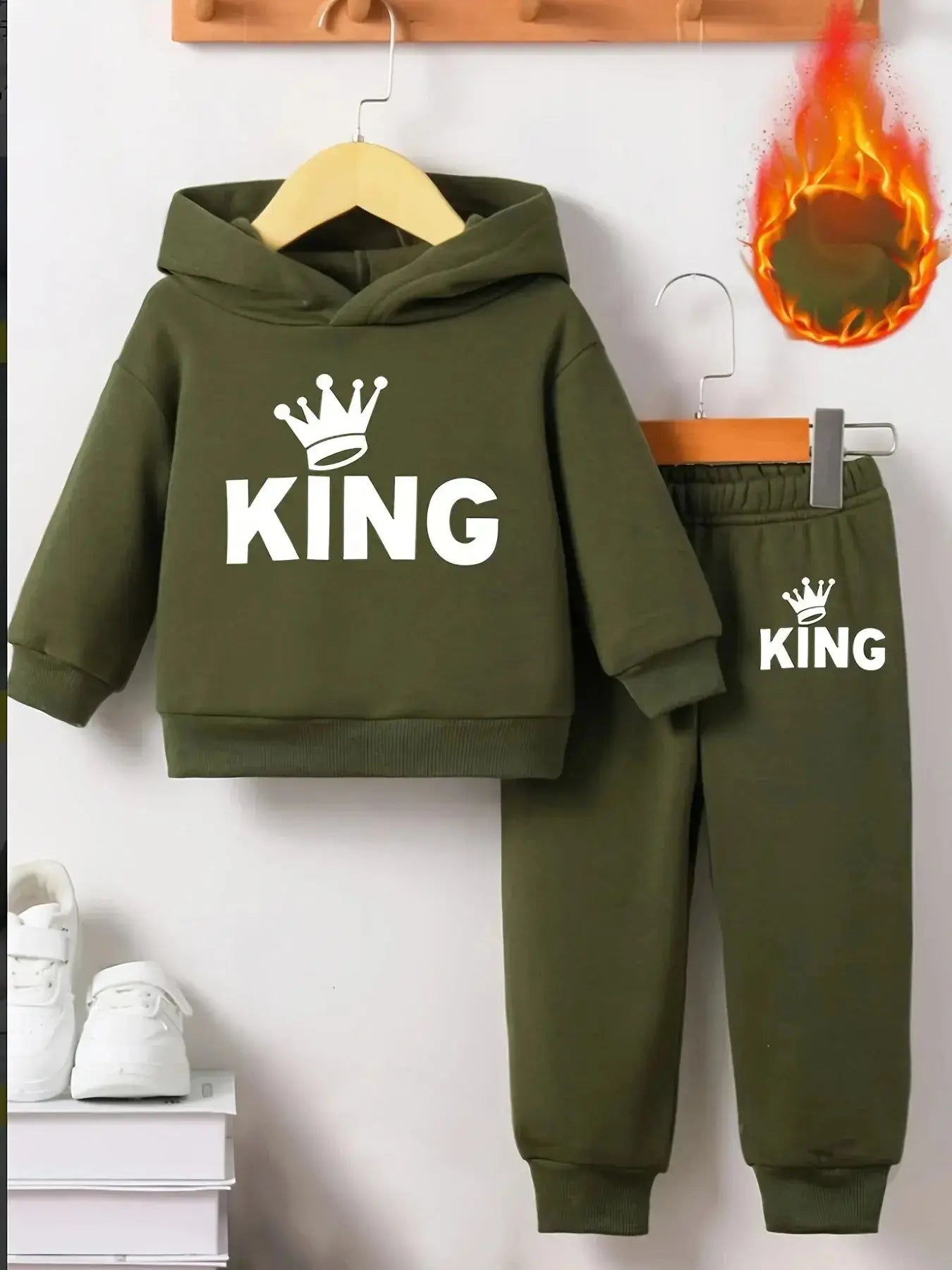 Baby Boy KING Crown Pattern Fleece Hoodie+Casual Pants Two Piece Set Spring and Autumn Sportswear  Adomoo