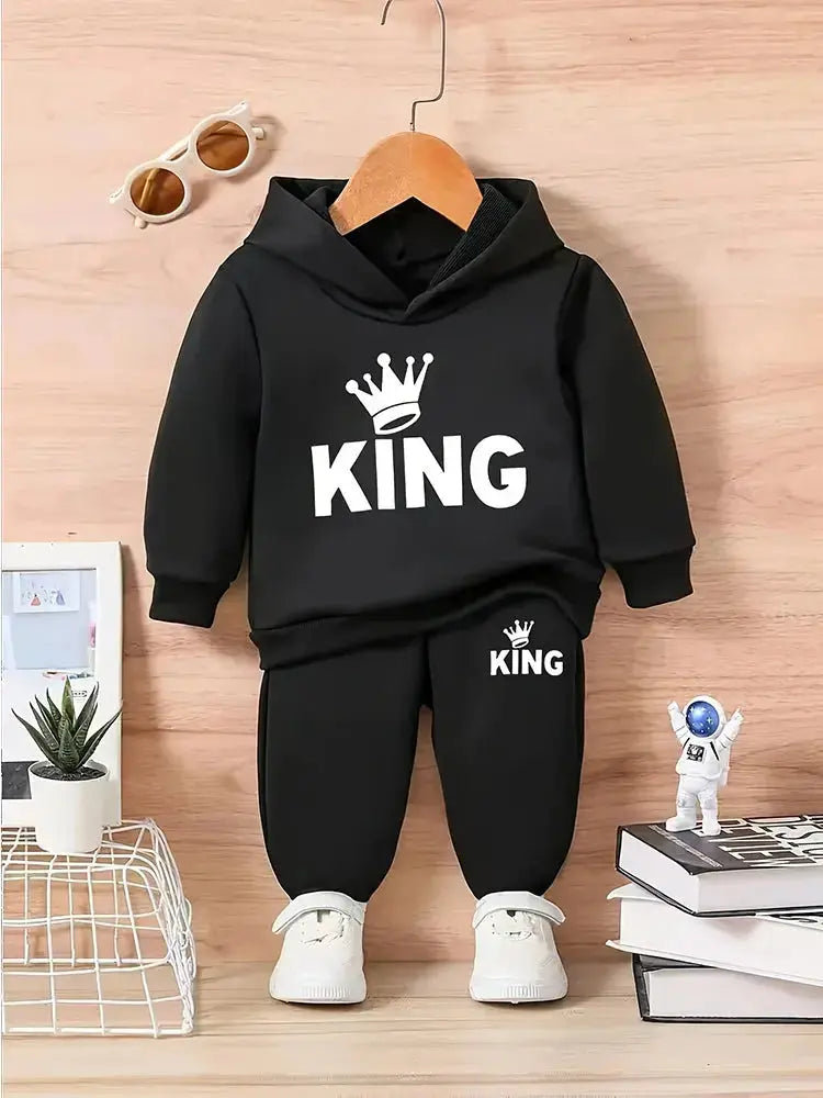 Baby Boy KING Crown Pattern Fleece Hoodie+Casual Pants Two Piece Set Spring and Autumn Sportswear  Adomoo