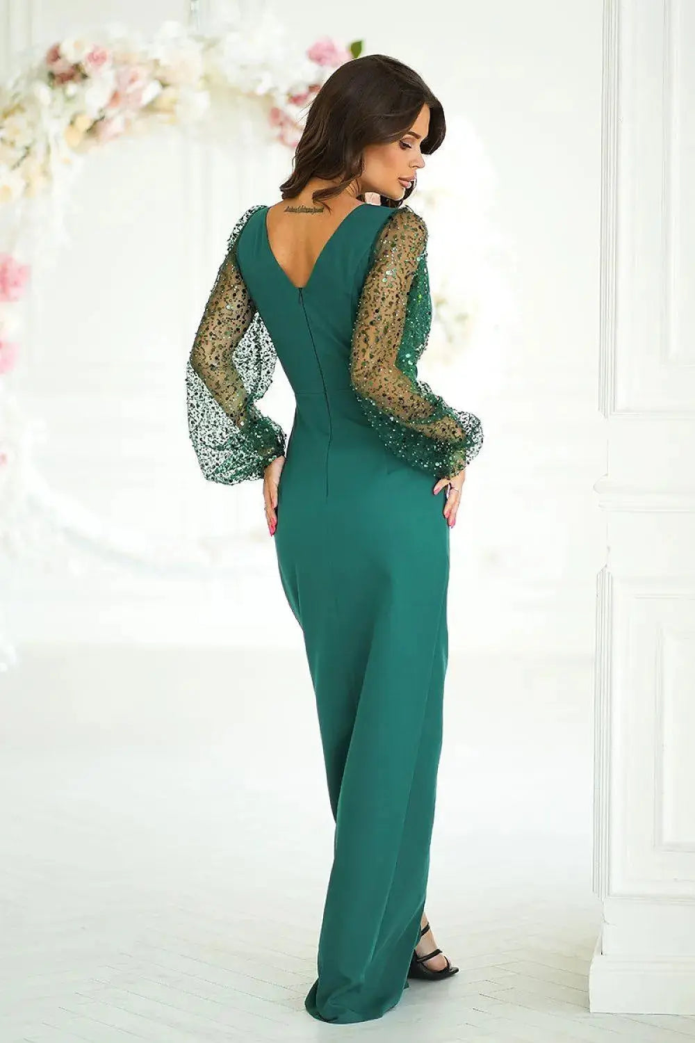 Bicotone sequin sleeves evening dress  Adomoo