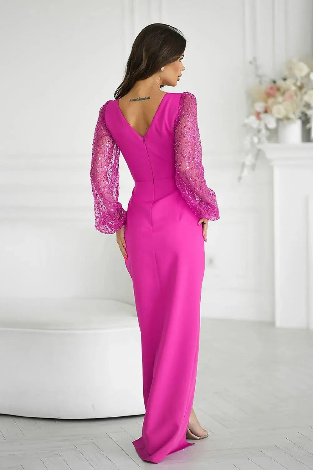 Bicotone sequin sleeves evening dress  Adomoo