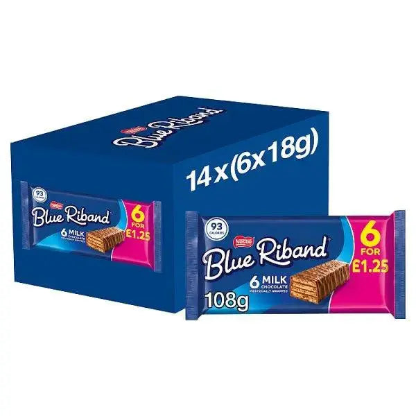 Blue Riband Milk Chocolate Wafer Biscuit Bar 6 Pack Multipack 108g (Case of 14)  Adomoo