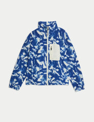 Borg Printed Funnel Neck Zip Up Fleece Jacket  Adomoo