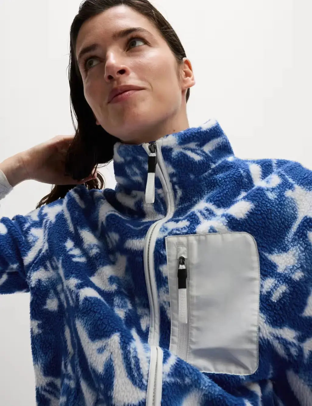 Borg Printed Funnel Neck Zip Up Fleece Jacket  Adomoo