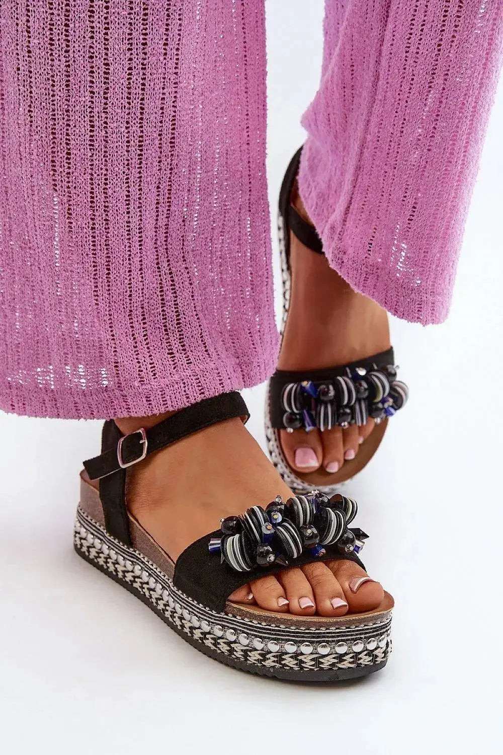 Women’s Eco-Suede Sandals – Decorated Platform with Adjustable Buckle Strap  Adomoo