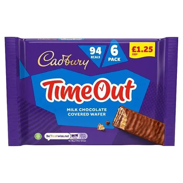 Cadbury Timeout Milk Chocolate Covered Wafer 6 x 18g (108g) (Case of 13)  Adomoo