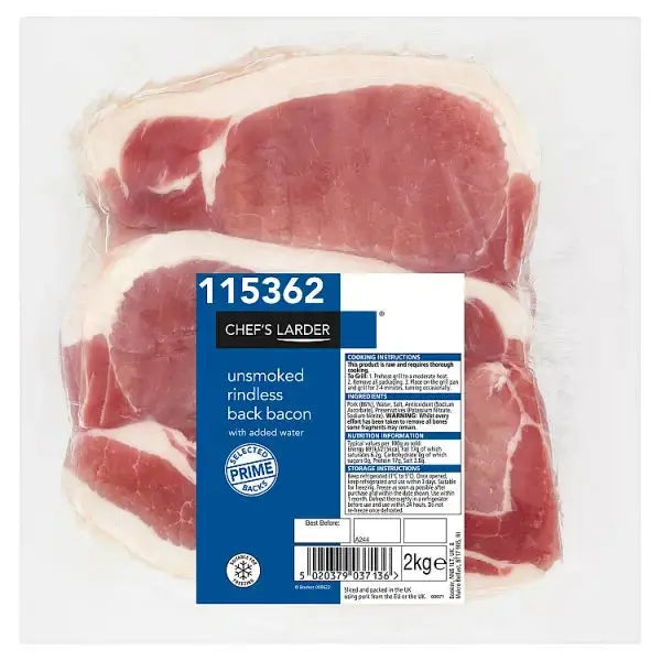 Chef's Larder Unsmoked Rindless Back Bacon 2kg  Adomoo