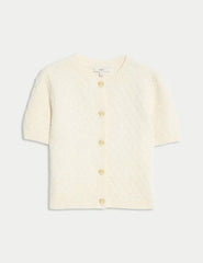Cotton Blend Textured Button Front Cropped Cardigan  Adomoo
