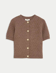 Cotton Blend Textured Button Front Cropped Cardigan  Adomoo