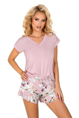 Donna solid-colored t-shirt and patterned shorts womens pajamas  Adomoo