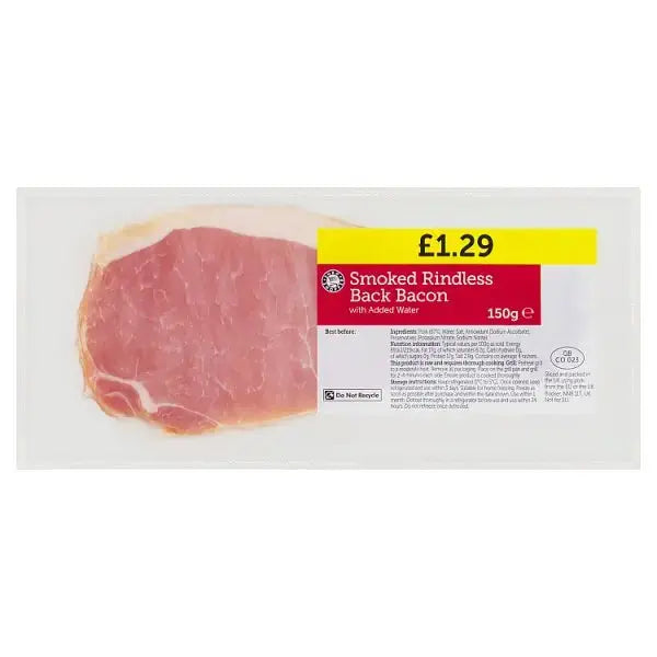 Euro Shopper Smoked Rindless Back Bacon with Added Water 150g  Adomoo
