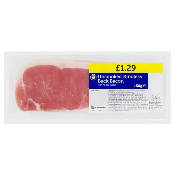 Euro Shopper Unsmoked Rindless Back Bacon with Added Water 150g  Adomoo