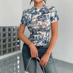 Fashion Elegant Mesh Floral Print Top For Women  Adomoo