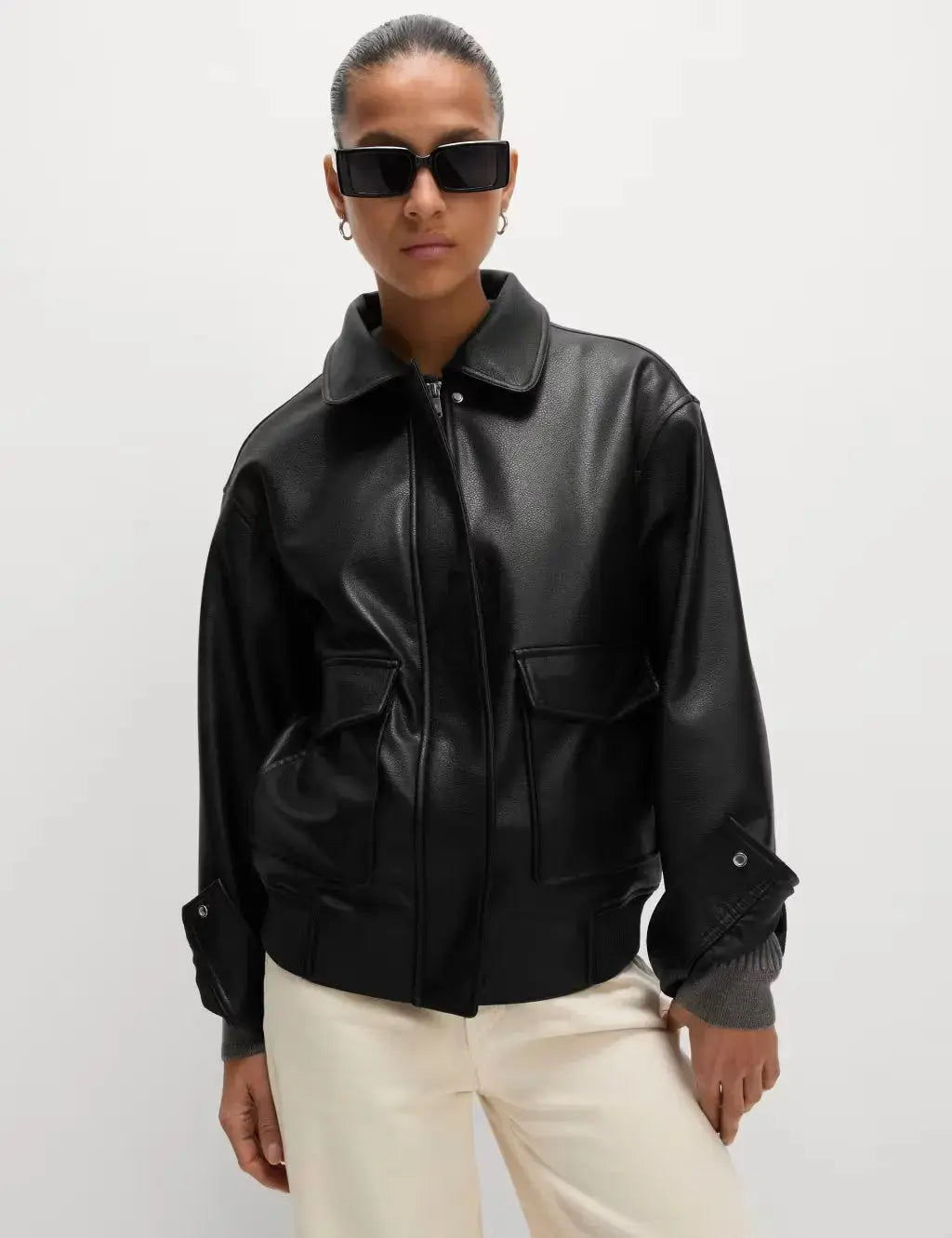 Faux Leather Relaxed Fit Jacket  Adomoo